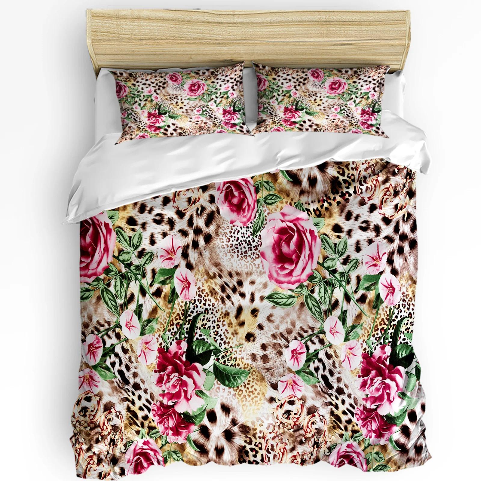 Leopard Rose Art Flower Bedding Set 3pcs Boys Girls Duvet Cover Pillowcase Kids Adult Quilt Cover Double Bed Set Hom